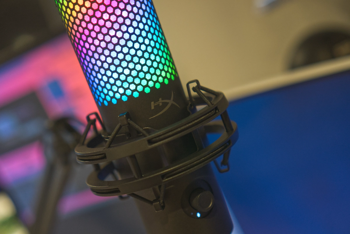 HyperX QuadCast 2 S microphone on its desk stand