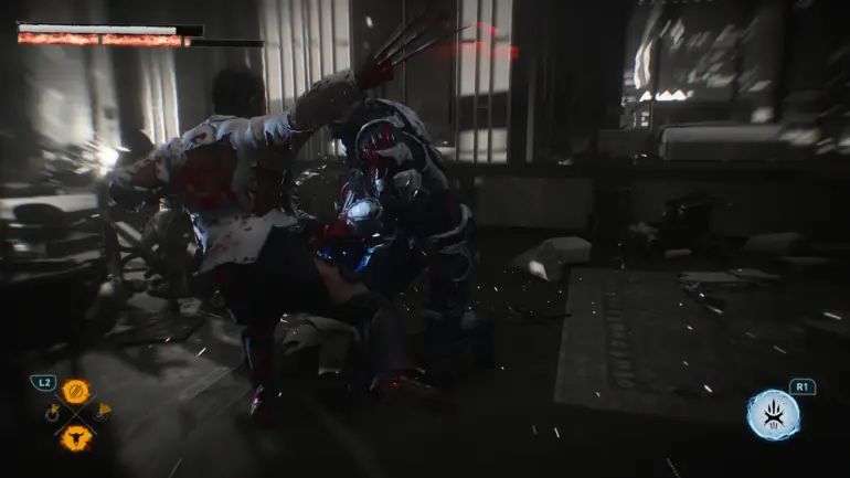 Wolverine in a worn suit battles Reavers.