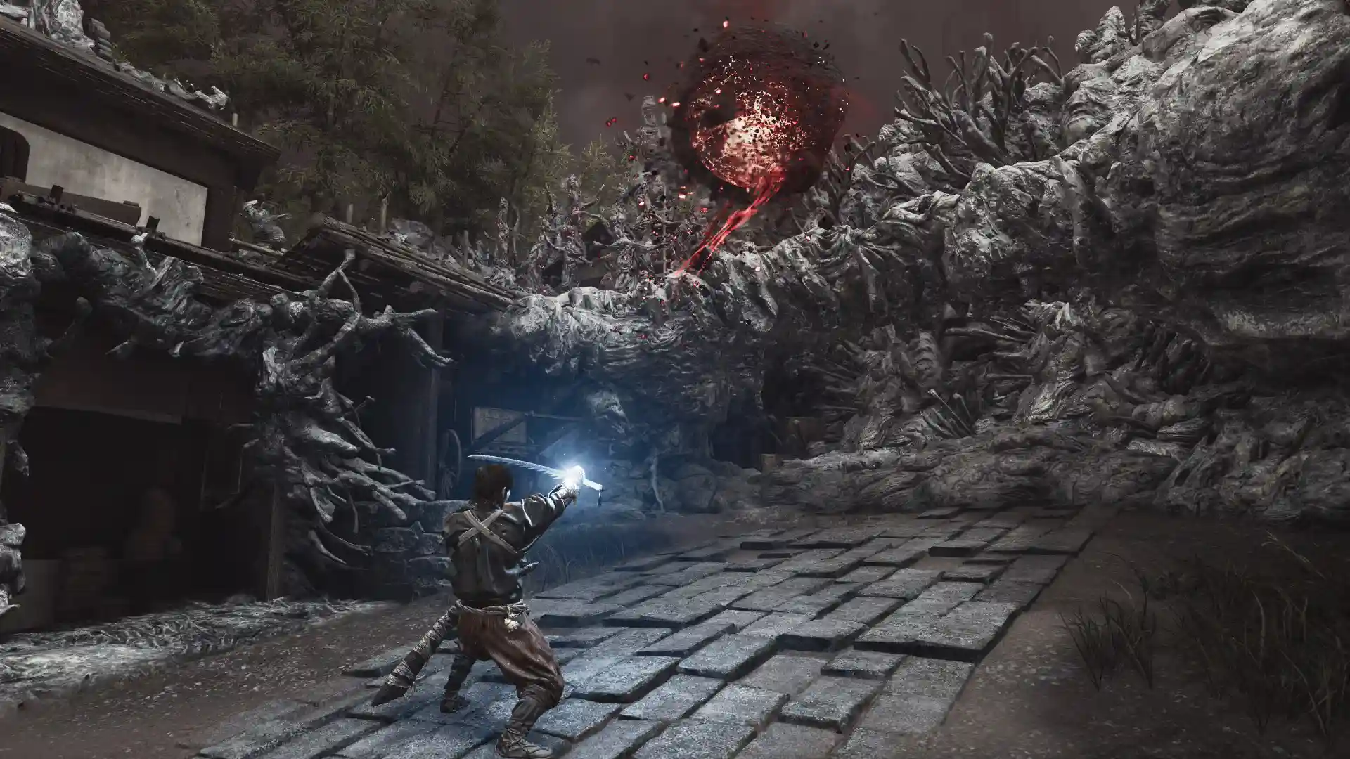 Musashi raises his glowing Oni blade toward a writhing Genma mass engulfing a Kyoto rooftop under a blood-red sky